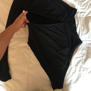 One shoulder, slit in the middle bodysuit.